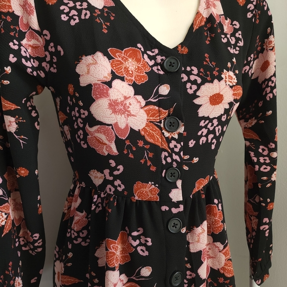 Aus 10 K-D Floral Red Black Long Sleeve V Neck Dress - Picture 13 of 16